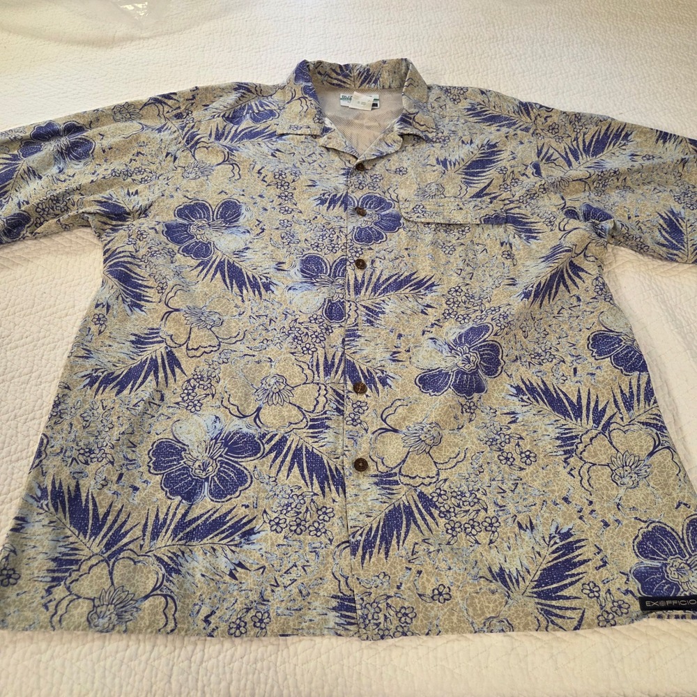 ExOfficio Buzz Off Insect Shield Shirt Mens XL Blue Tan Floral Tropical Vented